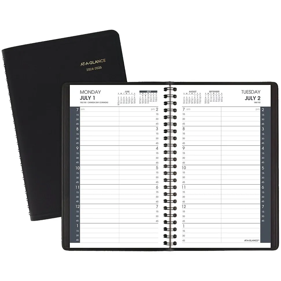2024-2025 AT-A-GLANCE 5" x 8" Academic Daily Planner, Faux Leather Cover, Black (70-807-05-25)