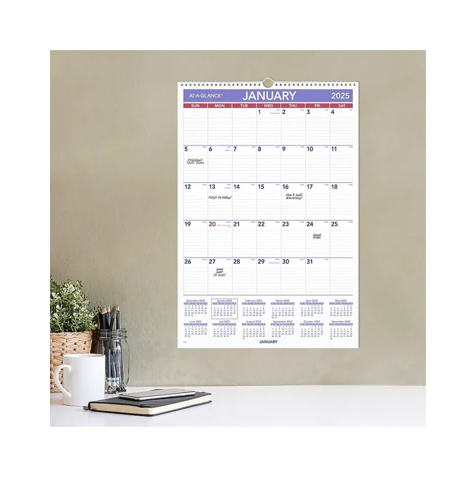 2025 AT-A-GLANCE 15.5" x 22.75" Monthly Wall Calendar, White/Purple (PM3-28-25)