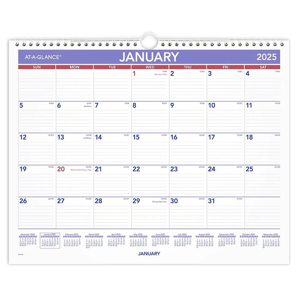 2025 AT-A-GLANCE 15" x 12" Monthly Wall Calendar, White/Purple (PM8-28-25)