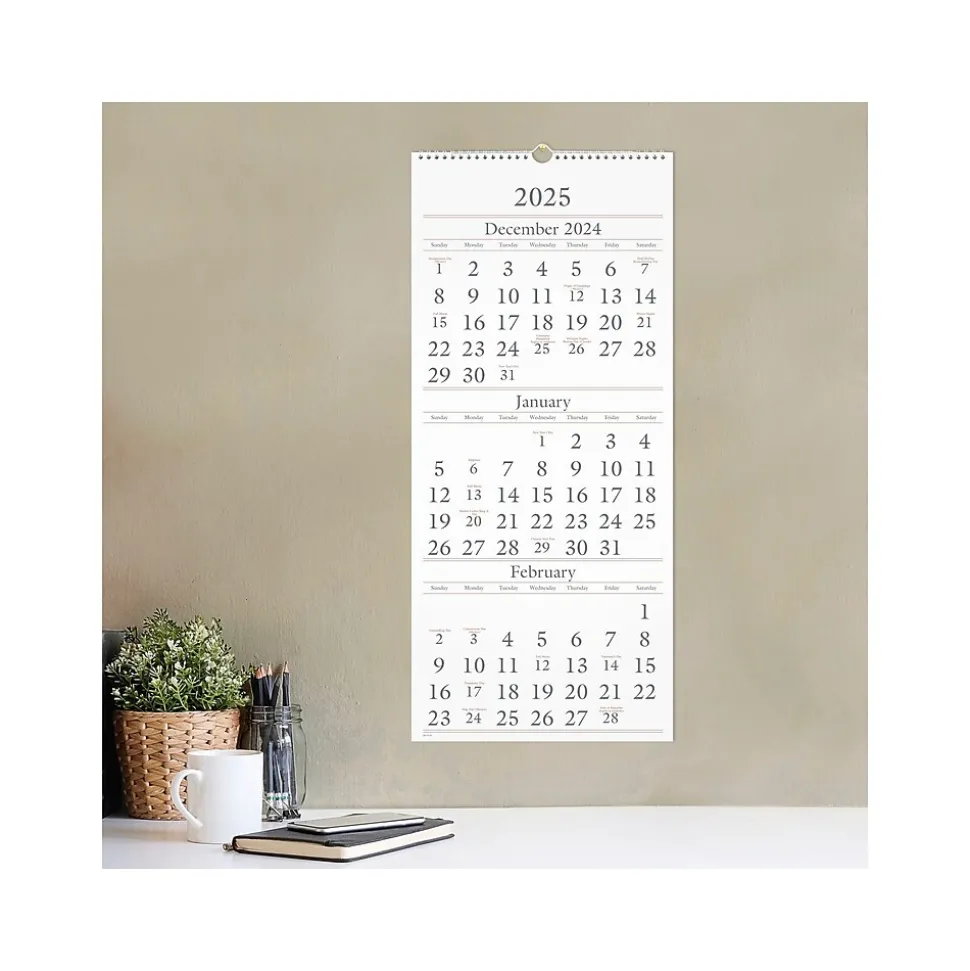 2025 AT-A-GLANCE 12" x 27" Three-Month Wall Calendar, White/Black (SW115-28-25)