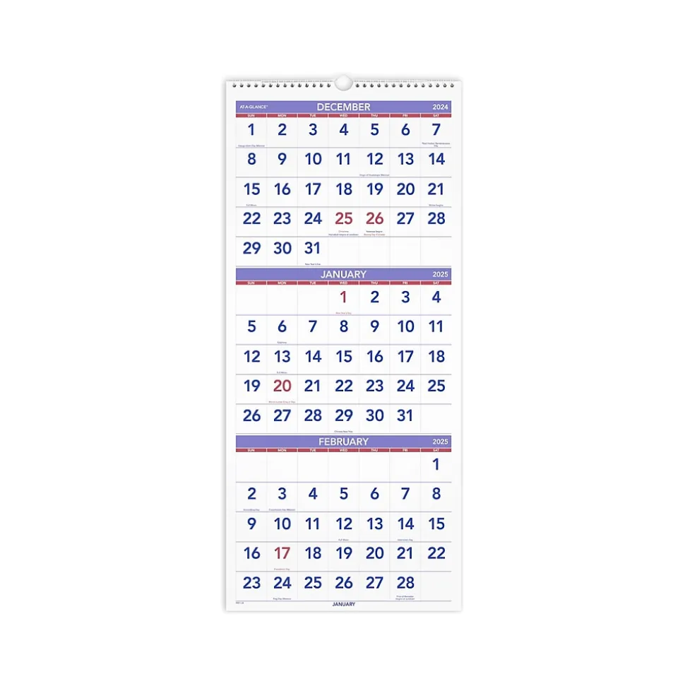 2025 AT-A-GLANCE 12" x 27" Three-Month Wall Calendar, White/Purple (PM11-28-25)