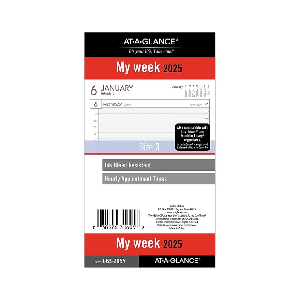 2025 AT-A-GLANCE 6.75" x 3.75" Weekly Planner Refill, White/Gray (063-285Y-25)