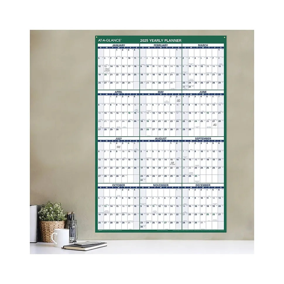 2025 AT-A-GLANCE 32" x 48" Yearly Dry Erase Wall Calendar, Reversible, White/Green (PM310-28-25)