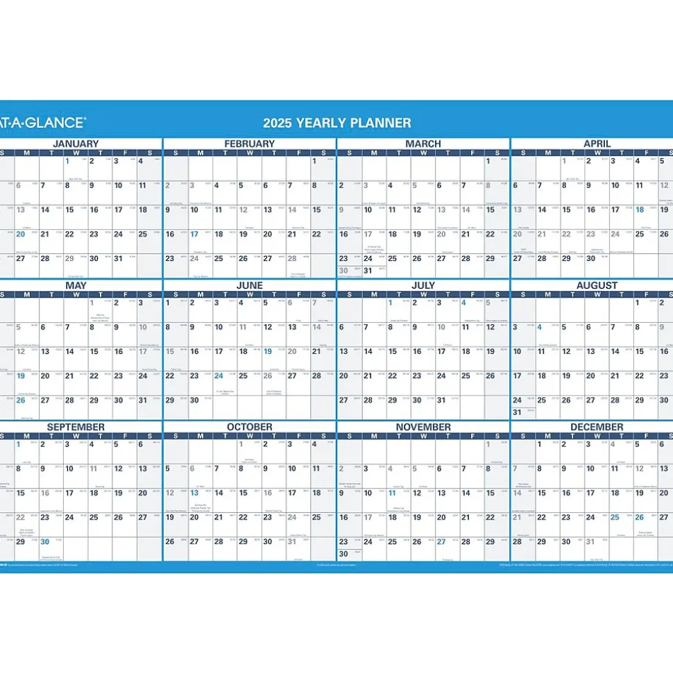 2025 AT-A-GLANCE 48" x 32" Yearly Dry Erase Wall Calendar, Reversible, White/Blue (PM300-28-25)