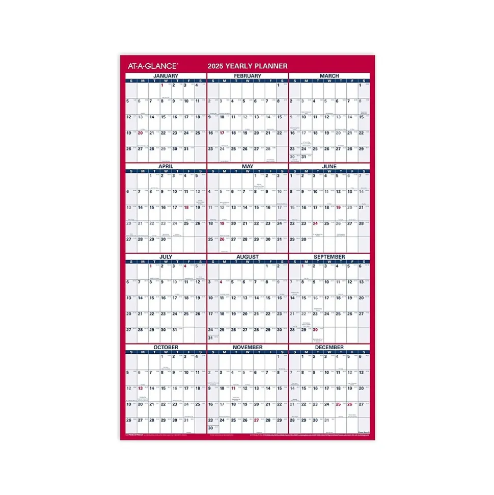 2025 AT-A-GLANCE 36" x 24" Yearly Dry Erase Wall Calendar, Reversible, White/Red (PM26-28-25)