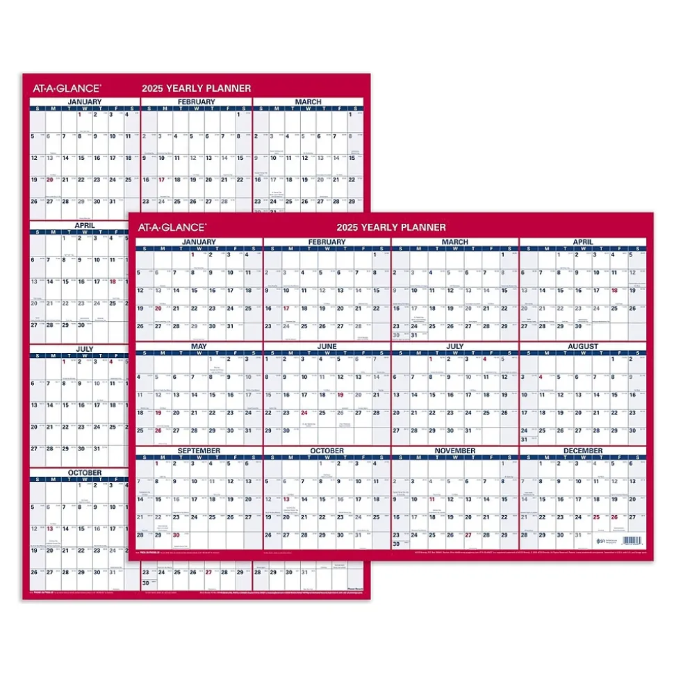 2025 AT-A-GLANCE 36" x 24" Yearly Dry Erase Wall Calendar, Reversible, White/Red (PM26-28-25)