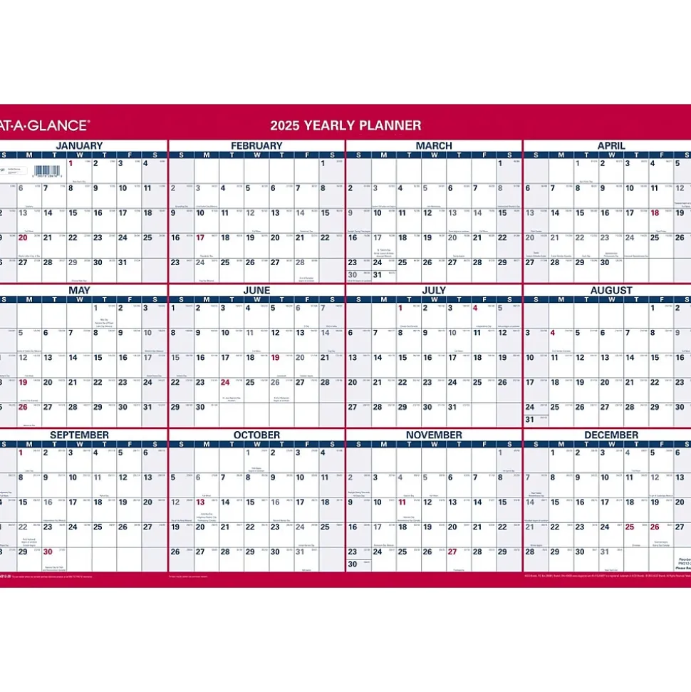 2025 AT-A-GLANCE 36" x 24" Yearly Wall Calendar, Reversible, White/Red (PM212-28-25)