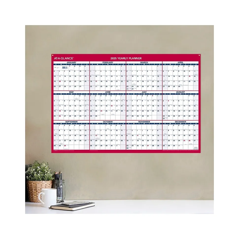2025 AT-A-GLANCE 36" x 24" Yearly Wall Calendar, Reversible, White/Red (PM212-28-25)