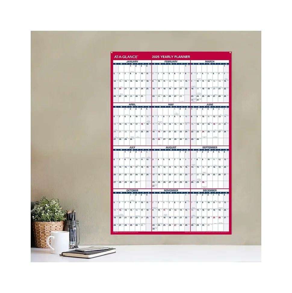 2025 AT-A-GLANCE 36" x 24" Yearly Wall Calendar, Reversible, White/Red (PM212-28-25)