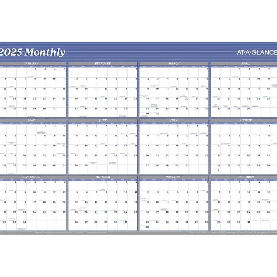 2025 AT-A-GLANCE 36" x 24" Yearly Wet-Erase Wall Calendar, Reversible, White/Blue (A1102-25)