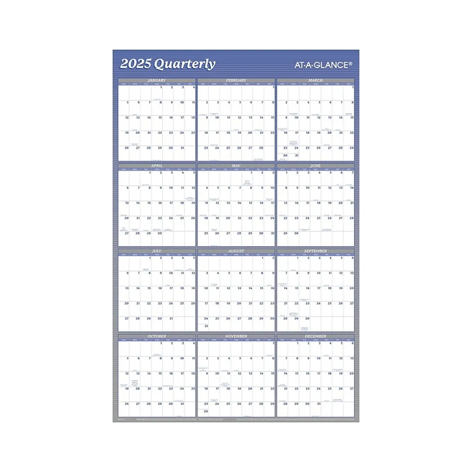 2025 AT-A-GLANCE 36" x 24" Yearly Wet-Erase Wall Calendar, Reversible, White/Blue (A1102-25)