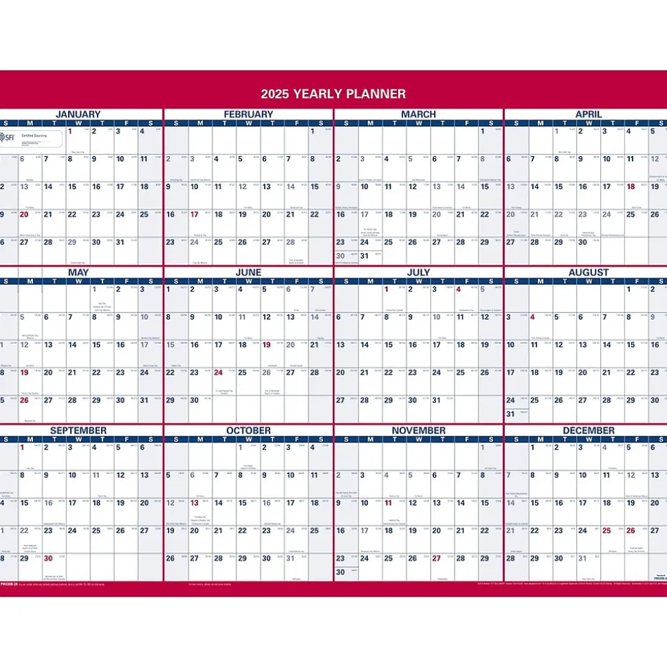 2025 AT-A-GLANCE 16" x 12" Yearly Wet-Erase Wall Calendar, Reversible, White/Red (PM330B-28-25)