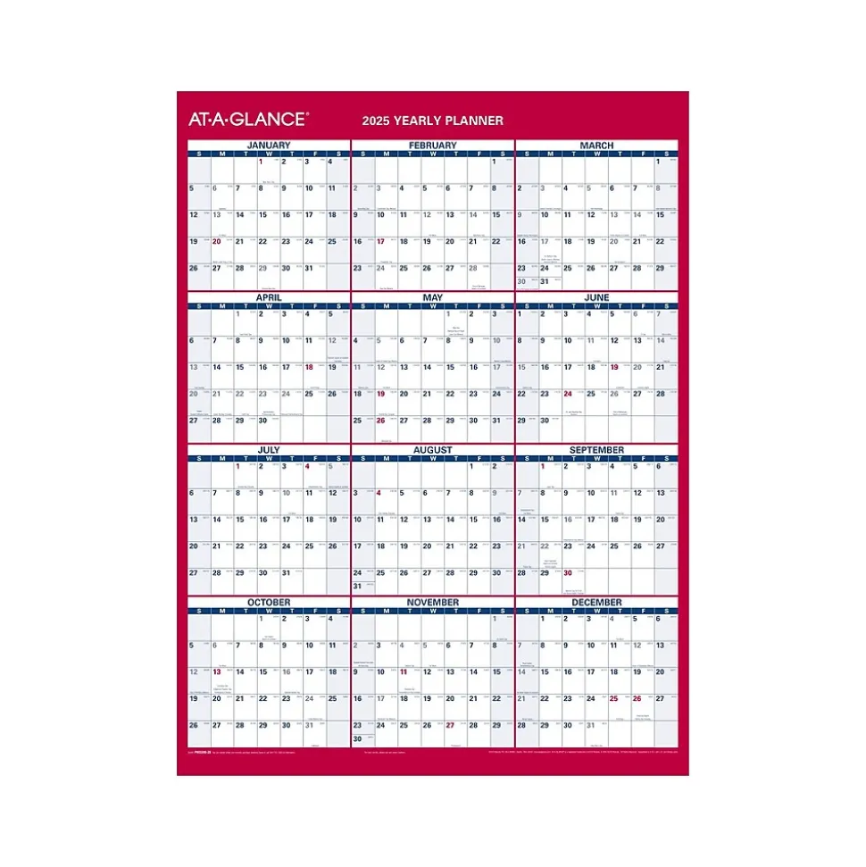 2025 AT-A-GLANCE 16" x 12" Yearly Wet-Erase Wall Calendar, Reversible, White/Red (PM330B-28-25)