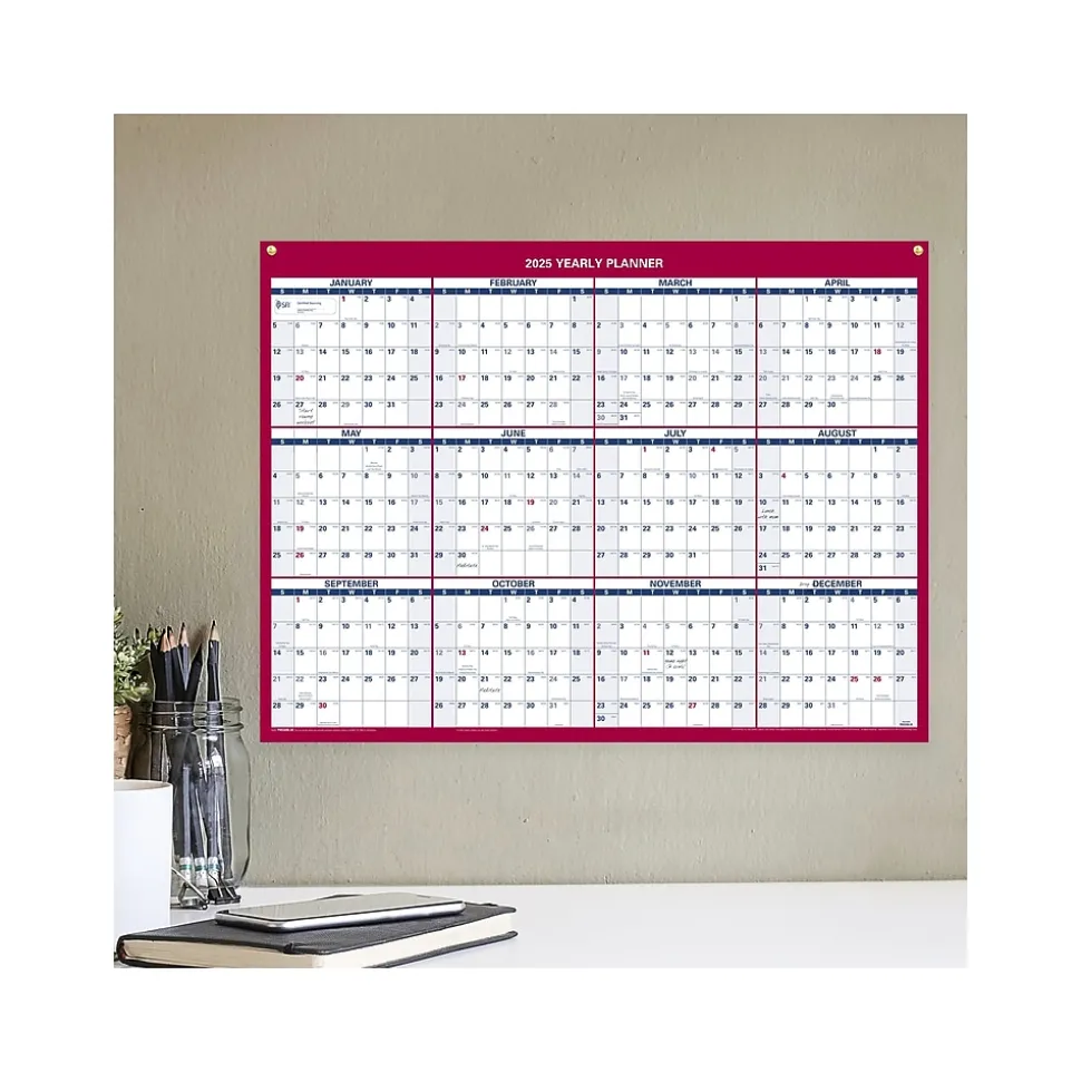 2025 AT-A-GLANCE 16" x 12" Yearly Wet-Erase Wall Calendar, Reversible, White/Red (PM330B-28-25)