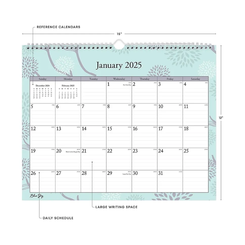 2025 Blue Sky Rue Du Flore 15" x 12" Monthly Wall Calendar, Blue/Purple (101611-25)
