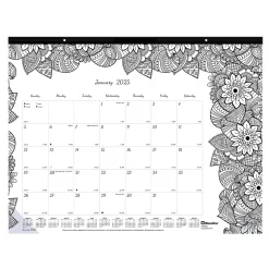 2025 Blueline DoodlePlan Botanica 22" x 17" Monthly Coloring Desk Pad Calendar, White/Black (C2917311)