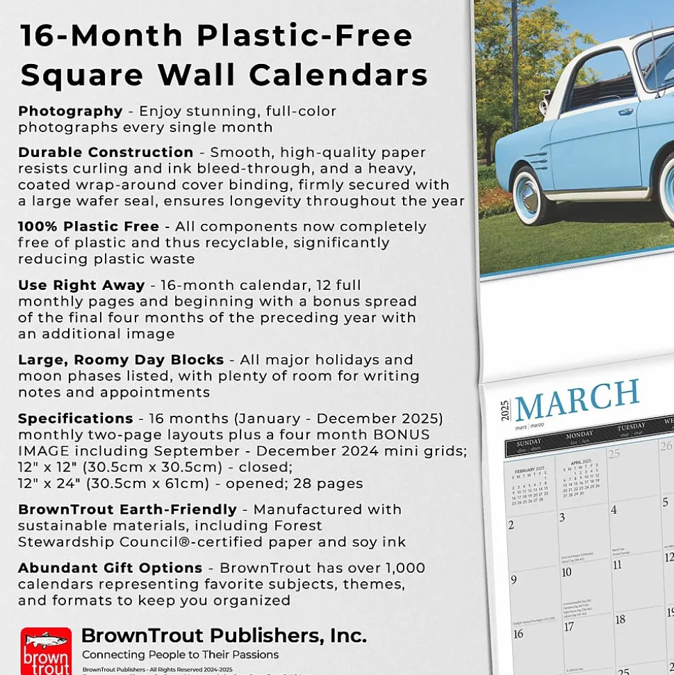 2025 Brown Trout Motor Club Classic Italian Cars 12" x 12" Monthly Wall Calendar (9781975476076)