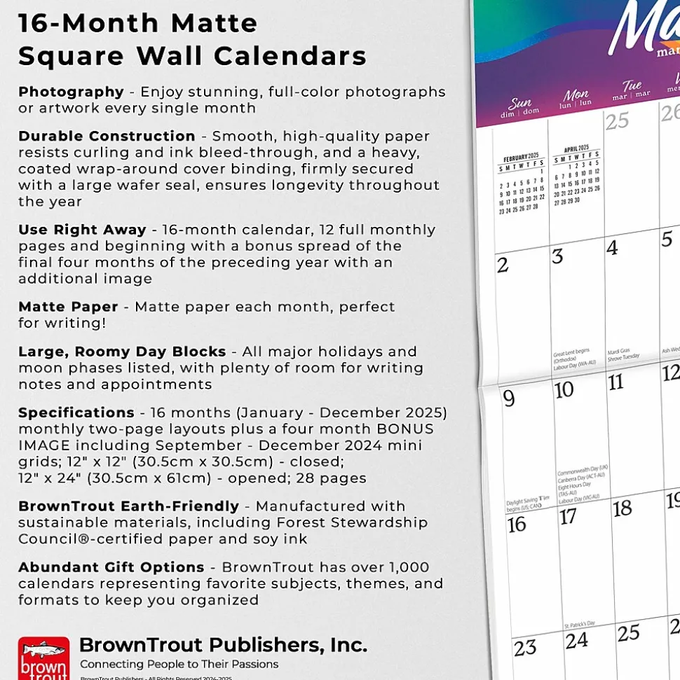 2025 BrownTrout Big & Bright Large Print 12" x 12" Monthly Square Wall Calendar (9781975478384)