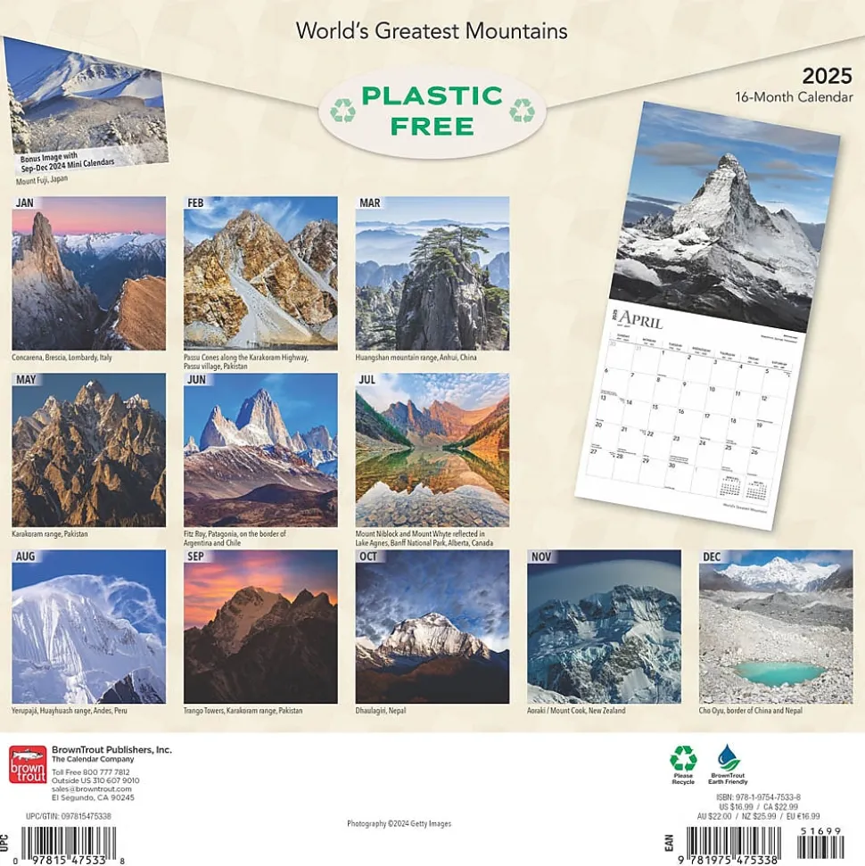 2025 BrownTrout World's Greatest Mountains 12" x 12" Monthly Square Wall Calendar (9781975475338)