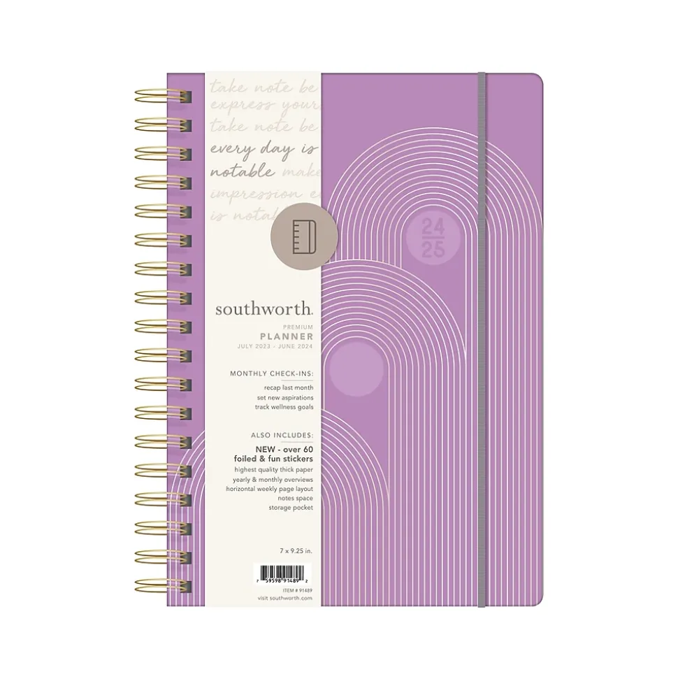 2024-2025 Southworth Plum Geo 7" x 9.25" Academic Year Weekly & Monthly Planner, Hardsided Cover, Purple/White (91489)