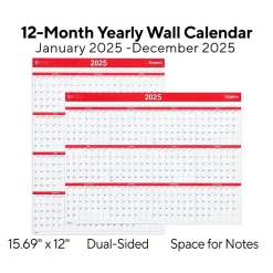 2025 Staples 15.69" x 12" Dry Erase Wall Calendar, Red/White (ST53905-25)