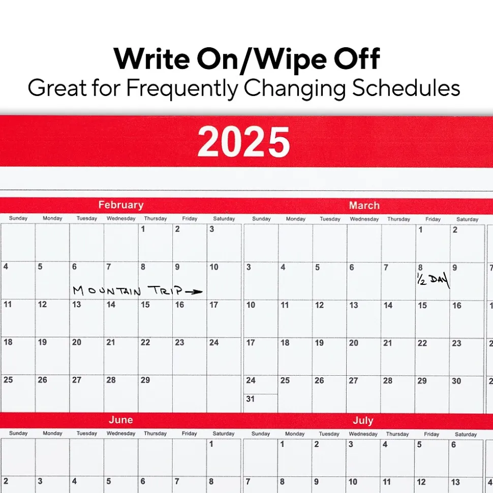2025 Staples 15.69" x 12" Dry Erase Wall Calendar, Red/White (ST53905-25)