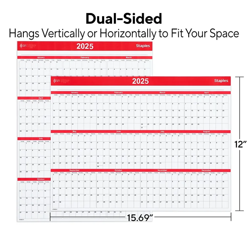 2025 Staples 15.69" x 12" Dry Erase Wall Calendar, Red/White (ST53905-25)