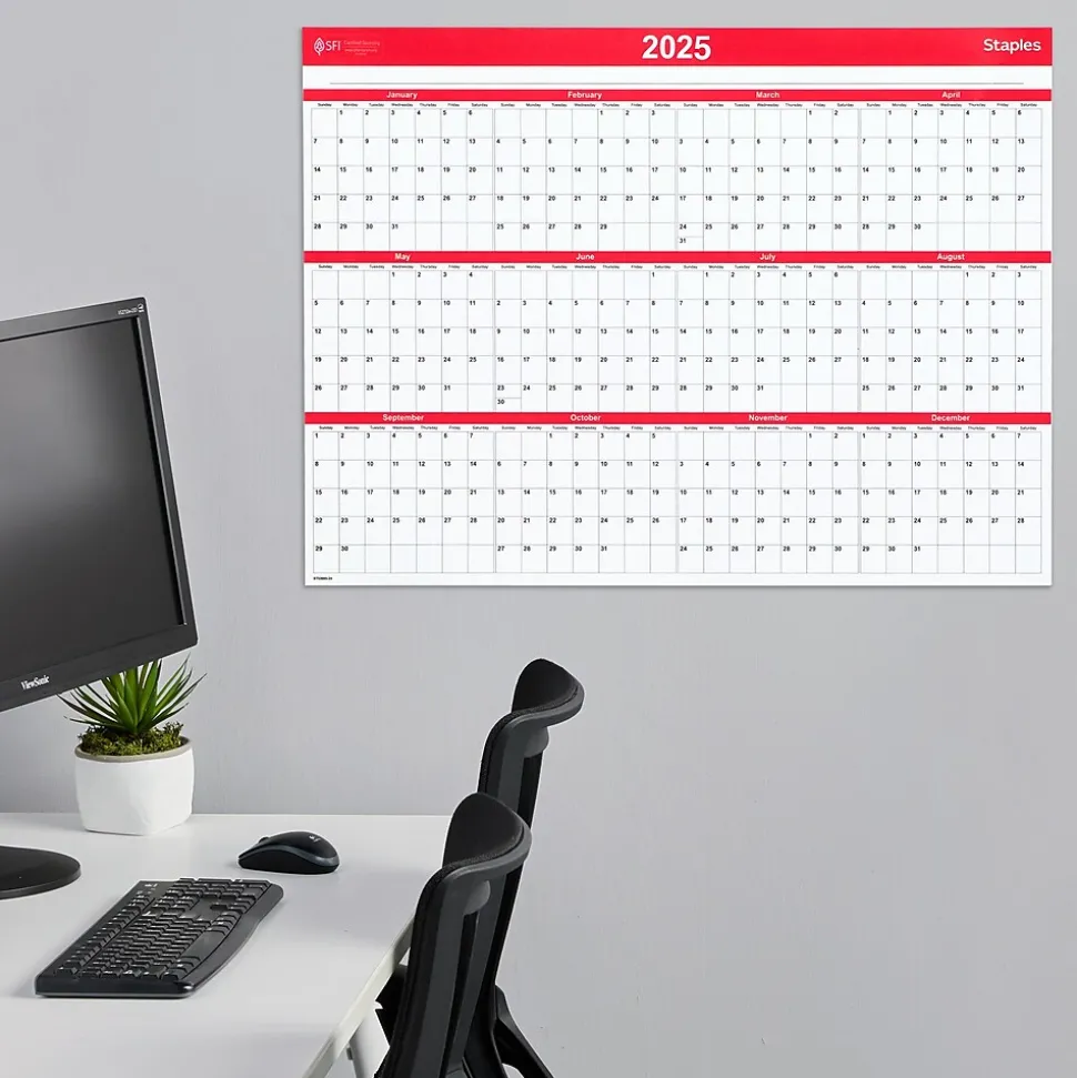 2025 Staples 15.69" x 12" Dry Erase Wall Calendar, Red/White (ST53905-25)