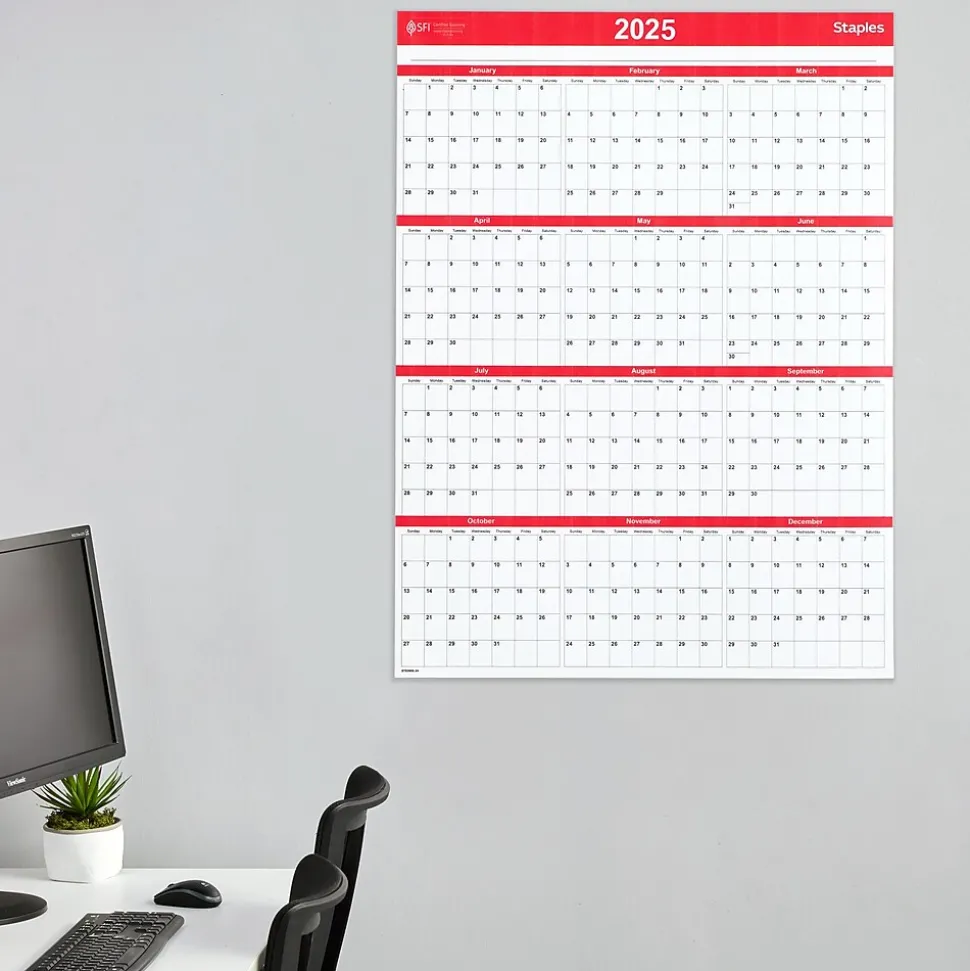 2025 Staples 15.69" x 12" Dry Erase Wall Calendar, Red/White (ST53905-25)