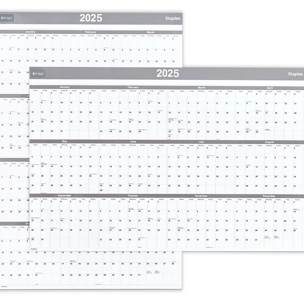 2025 Staples 36" x 24" Dry Erase Wall Calendar, Gray/White (ST52079-25)
