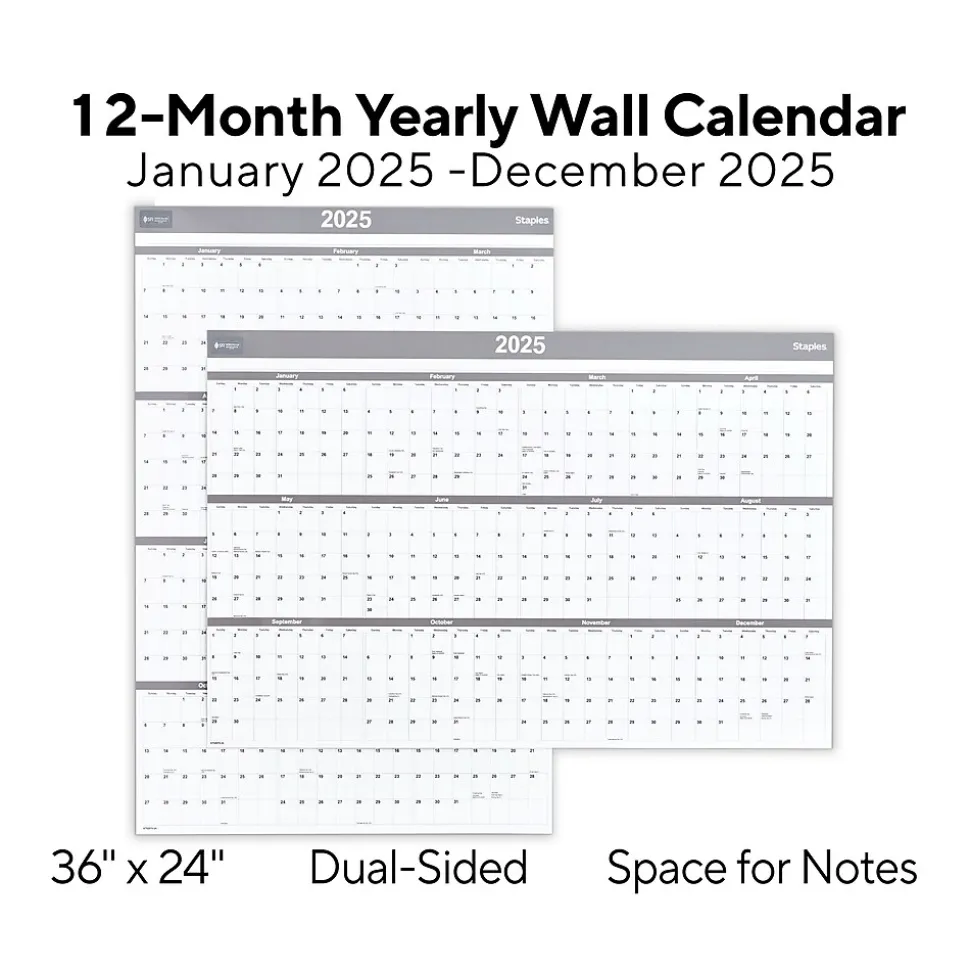 2025 Staples 36" x 24" Dry Erase Wall Calendar, Gray/White (ST52079-25)