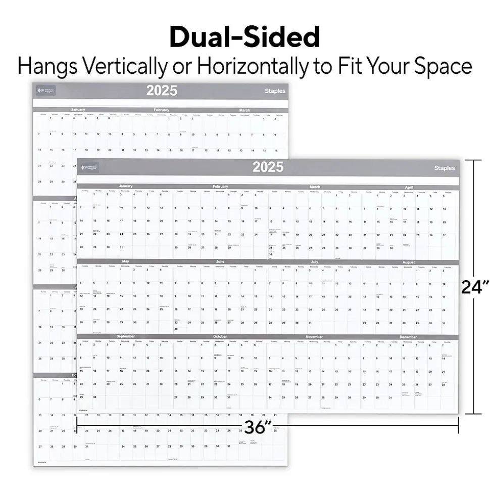 2025 Staples 36" x 24" Dry Erase Wall Calendar, Gray/White (ST52079-25)