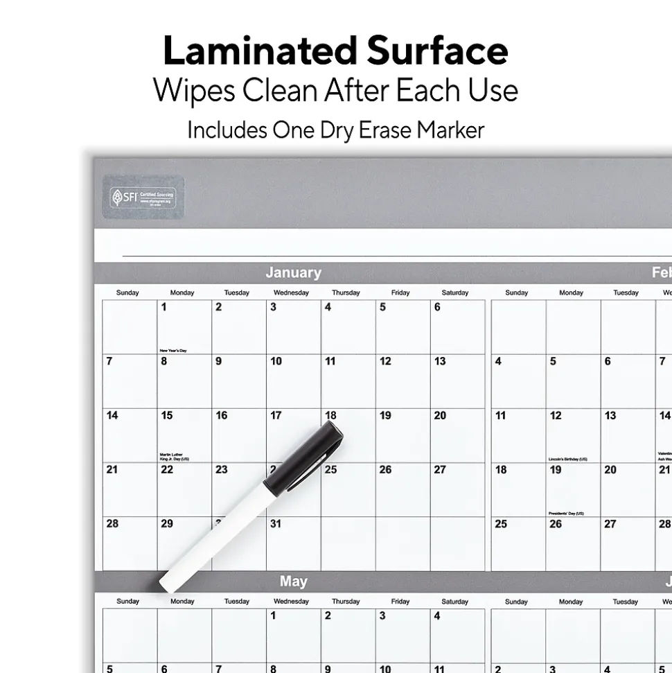 2025 Staples 36" x 24" Dry Erase Wall Calendar, Gray/White (ST52079-25)