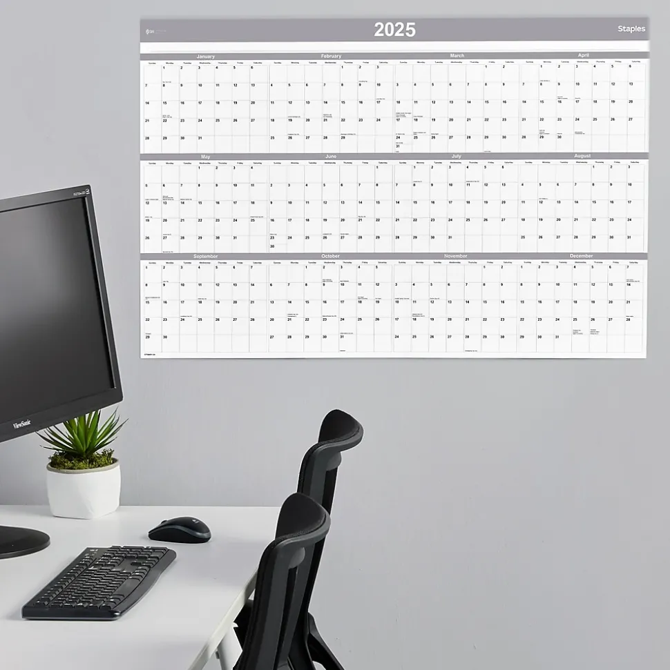 2025 Staples 36" x 24" Dry Erase Wall Calendar, Gray/White (ST52079-25)
