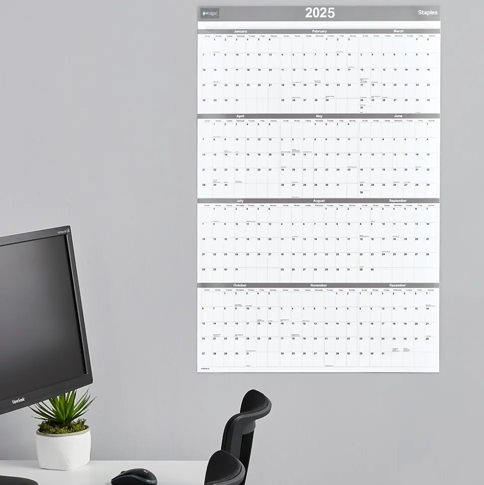 2025 Staples 36" x 24" Dry Erase Wall Calendar, Gray/White (ST52079-25)