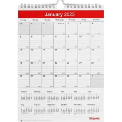 2025 Staples 8" x 11" Wall Calendar, Red/White (ST53922-25)