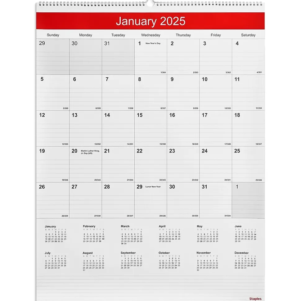 2025 Staples 22" x 29" Wall Calendar, White/Red (ST53914-25)