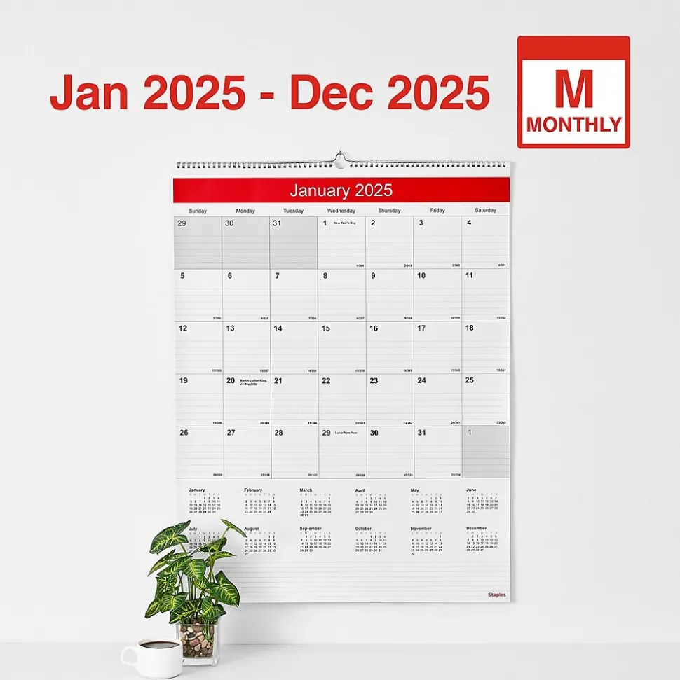 2025 Staples 22" x 29" Wall Calendar, White/Red (ST53914-25)