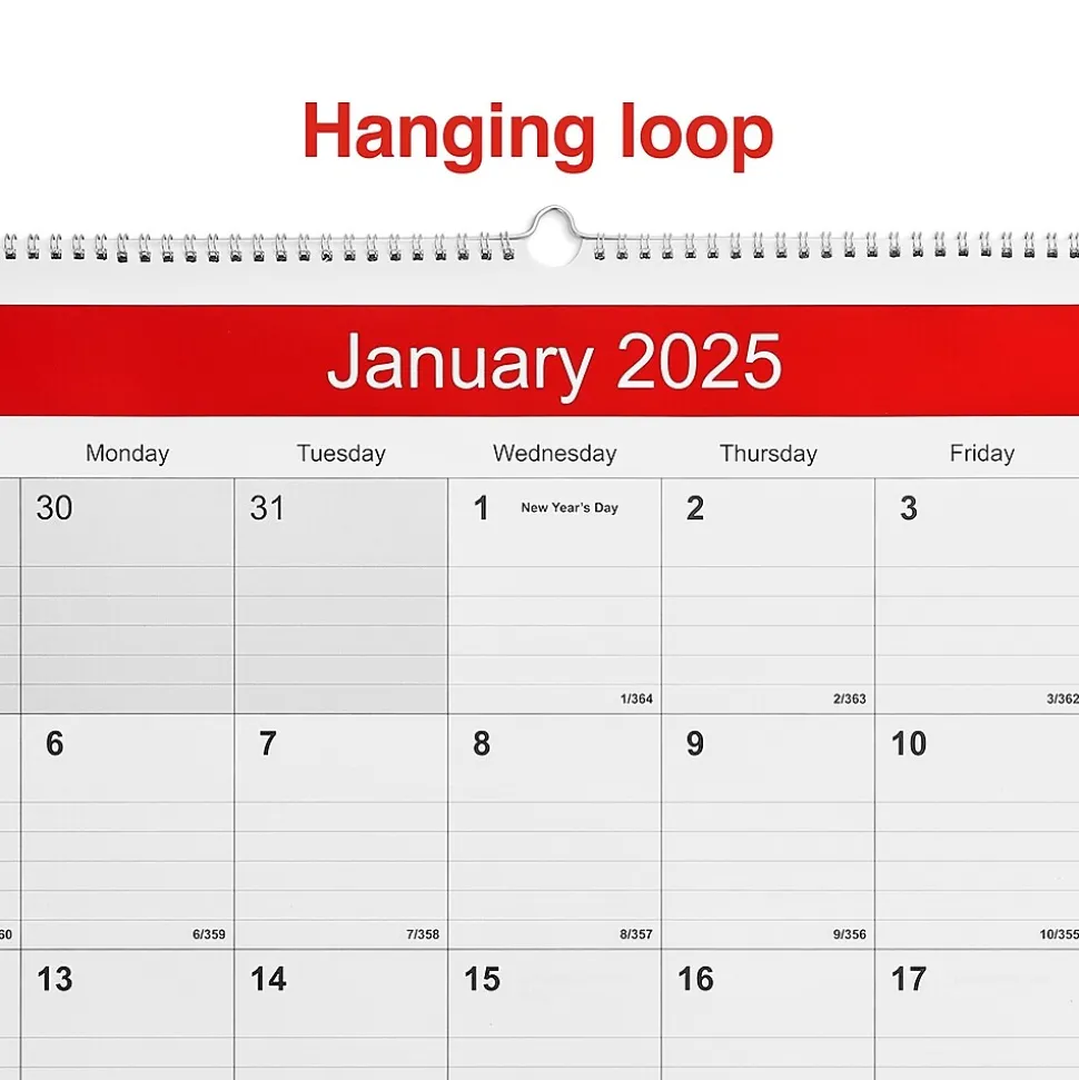 2025 Staples 22" x 29" Wall Calendar, White/Red (ST53914-25)