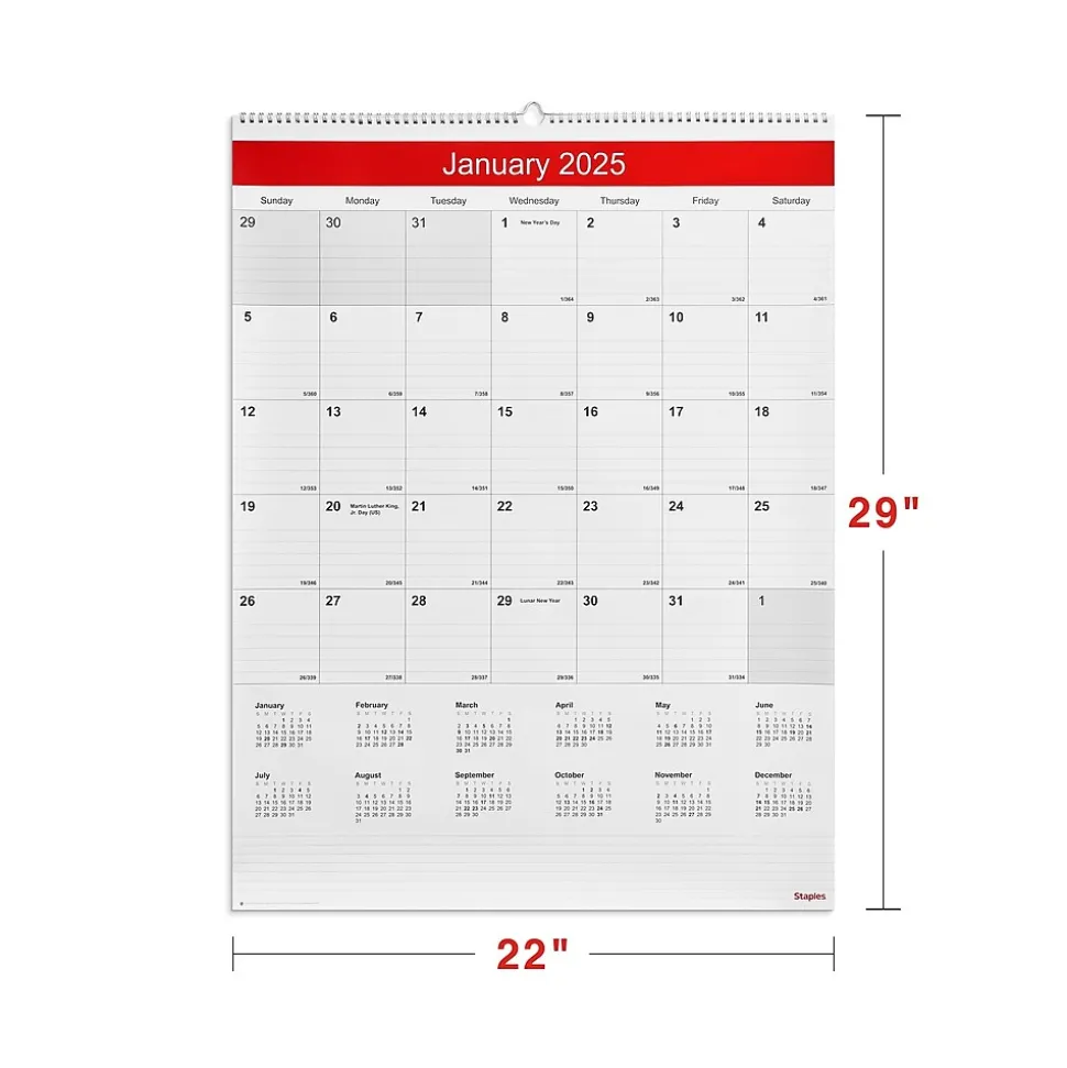 2025 Staples 22" x 29" Wall Calendar, White/Red (ST53914-25)