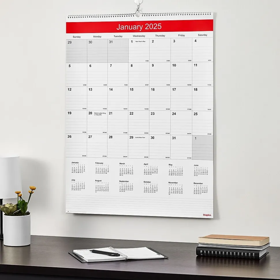 2025 Staples 22" x 29" Wall Calendar, White/Red (ST53914-25)