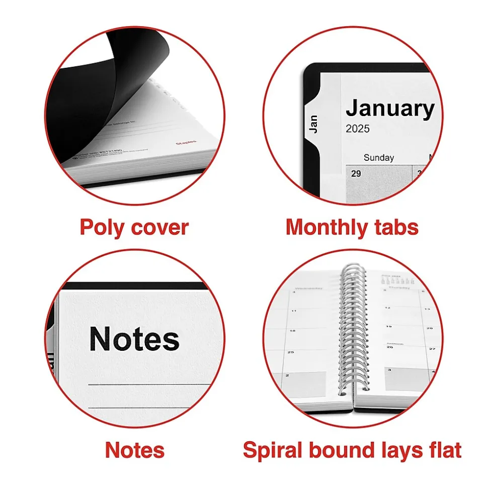 2025 Staples 5" x 8" Weekly & Monthly Planner, Plastic Cover, Black (ST21490-25)