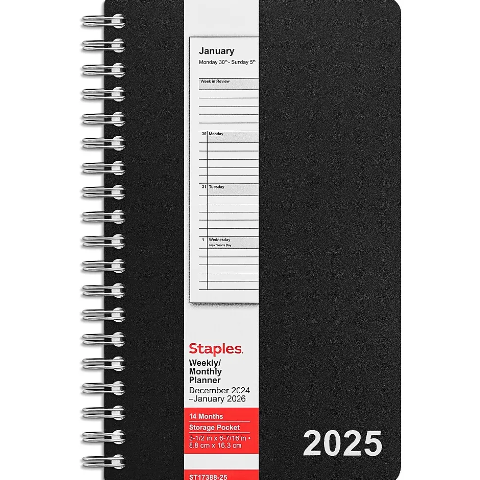 2025 Staples 3" x 6" Weekly & Monthly Planner, Assorted Colors (ST17388-25)