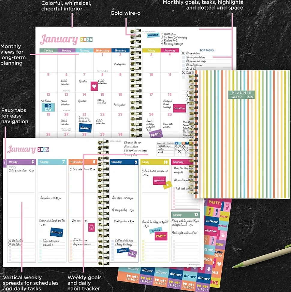 2025 TF Publishing Malibu Stripes 6.5" x 8" Weekly & Monthly Planner, Paperboard Cover, Multicolor (25-9216)