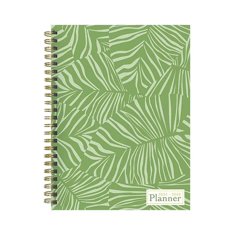 2024-2025 TF Publishing White Lotus Verde Fronds 6" x 8" Academic Weekly & Monthly Planner, Paperboard Cover, Green/White