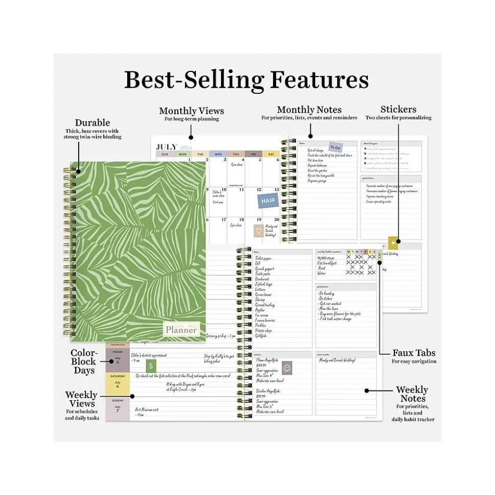 2024-2025 TF Publishing White Lotus Verde Fronds 6" x 8" Academic Weekly & Monthly Planner, Paperboard Cover, Green/White