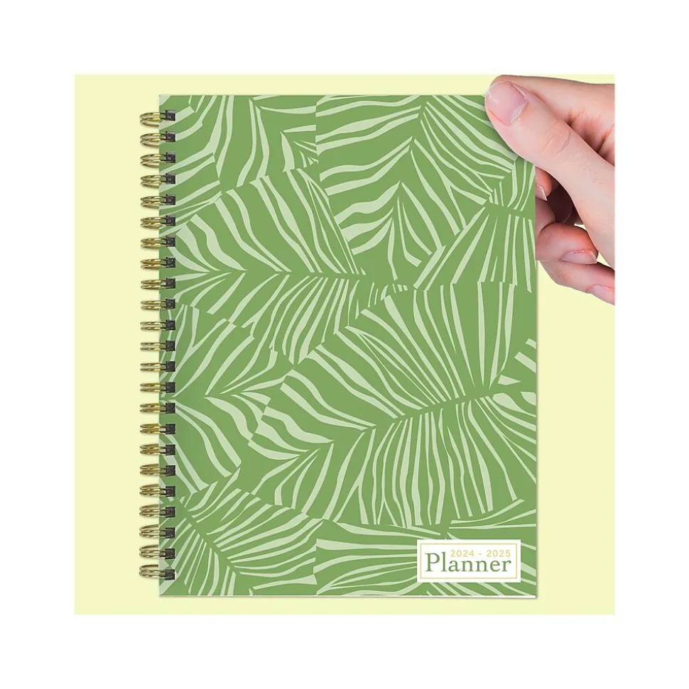 2024-2025 TF Publishing White Lotus Verde Fronds 6" x 8" Academic Weekly & Monthly Planner, Paperboard Cover, Green/White