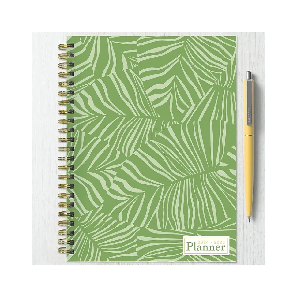 2024-2025 TF Publishing White Lotus Verde Fronds 6" x 8" Academic Weekly & Monthly Planner, Paperboard Cover, Green/White