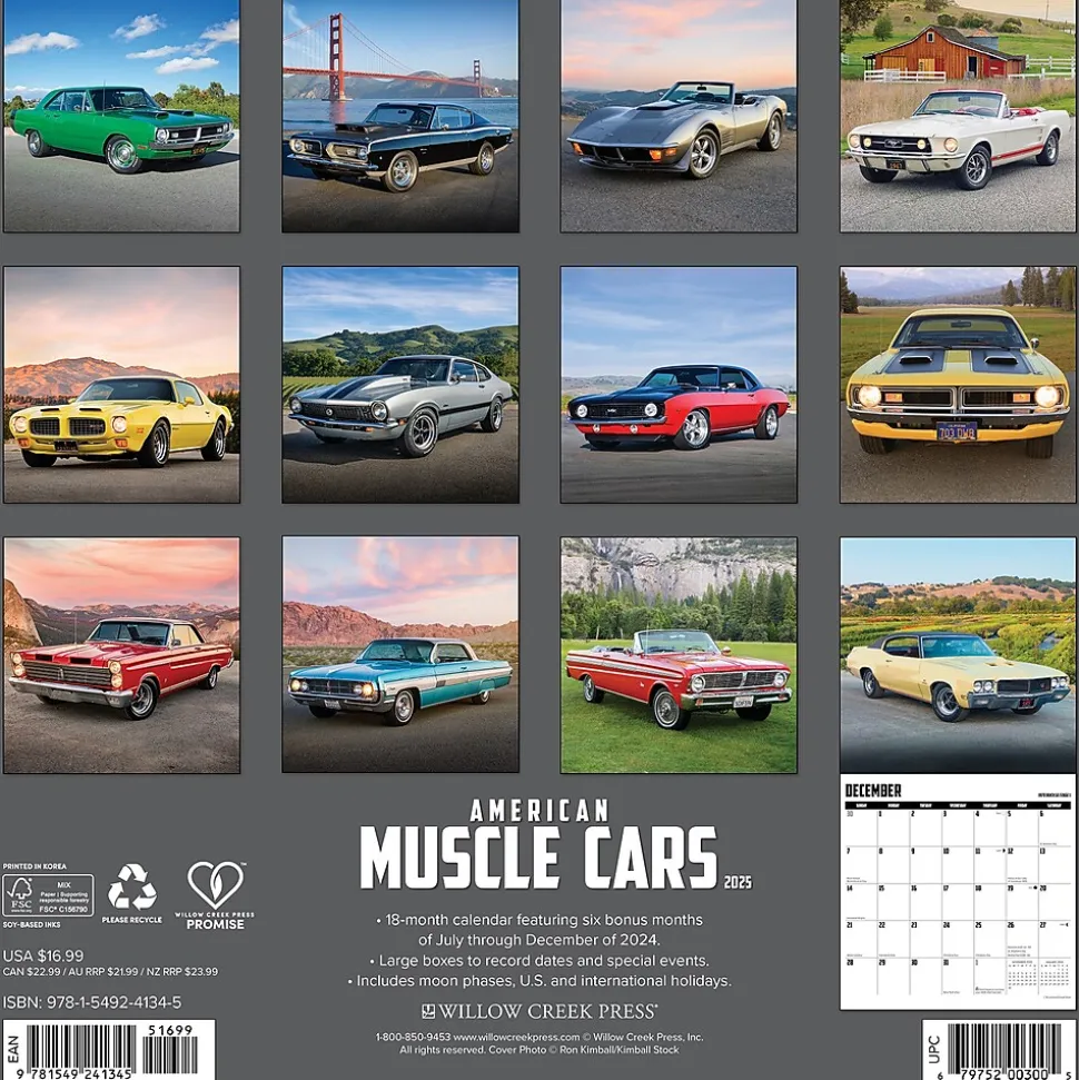 2025 Willow Creek American Muscle Cars 12" x 12" Monthly Wall Calendar (41345)