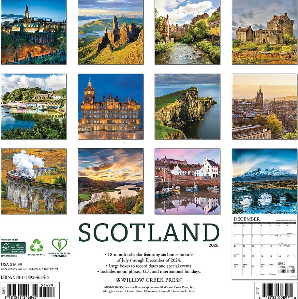 2025 Willow Creek Scotland 12" x 12" Monthly Wall Calendar (46845)